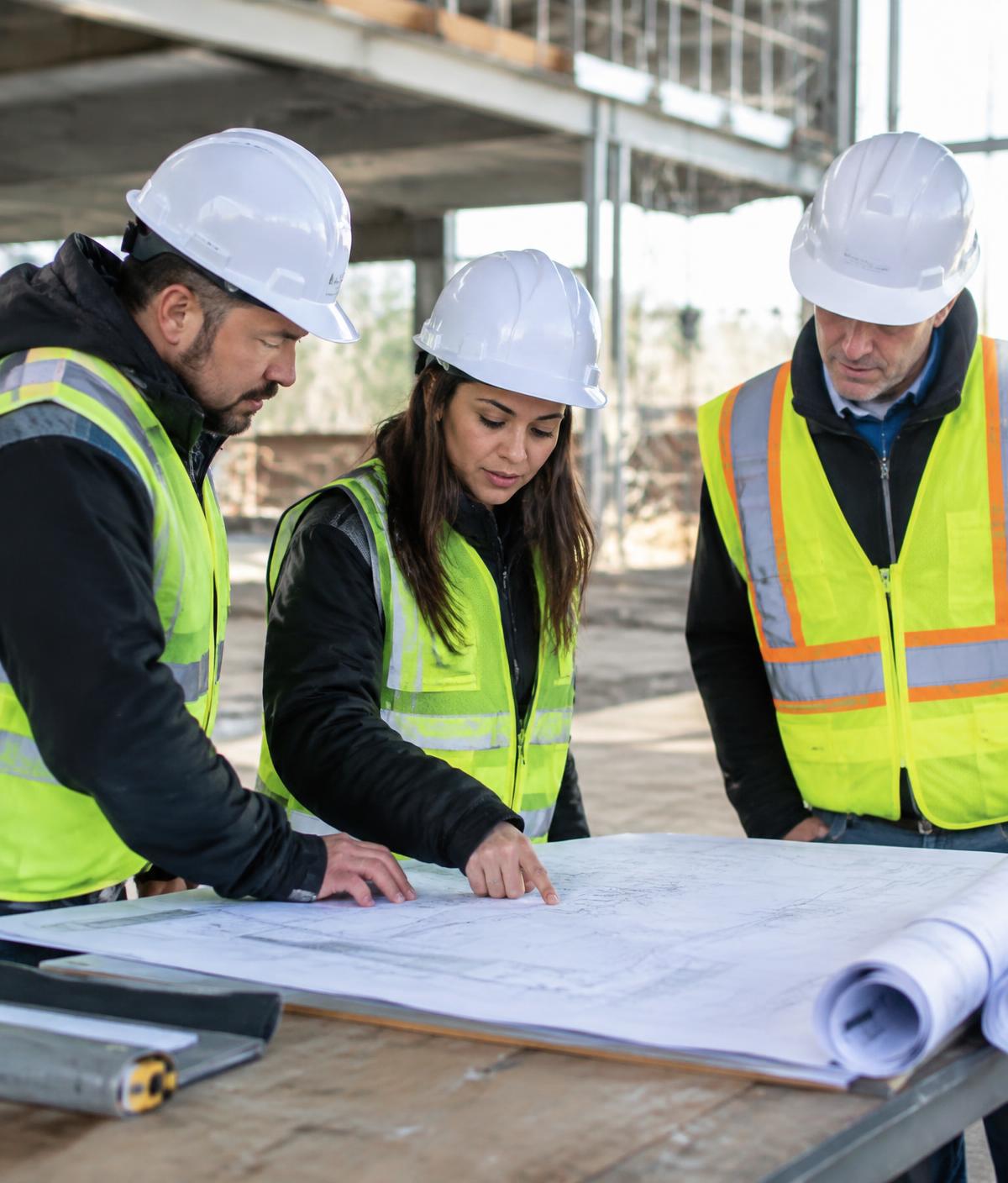 Construction professionals reviewing blueprints at an active job site