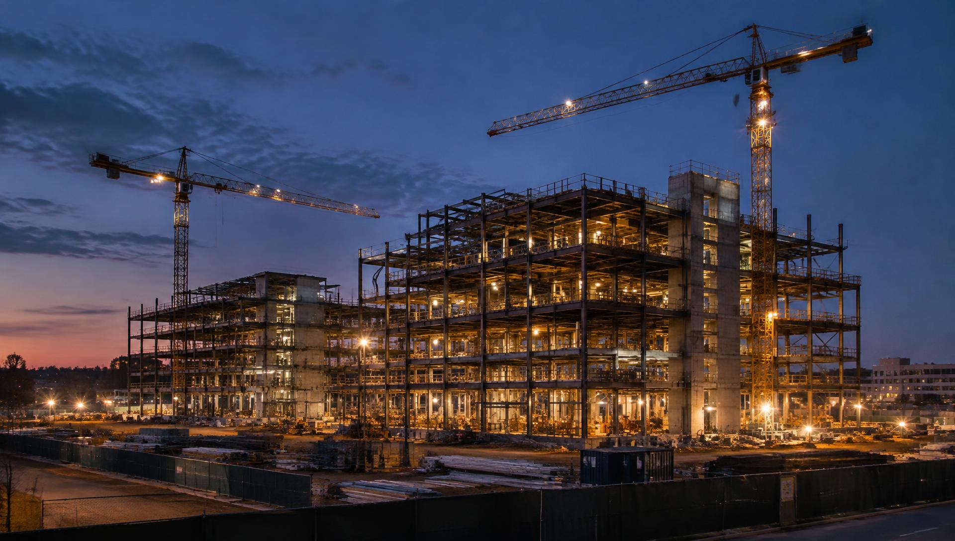 Large institutional building under construction with tower cranes at dusk