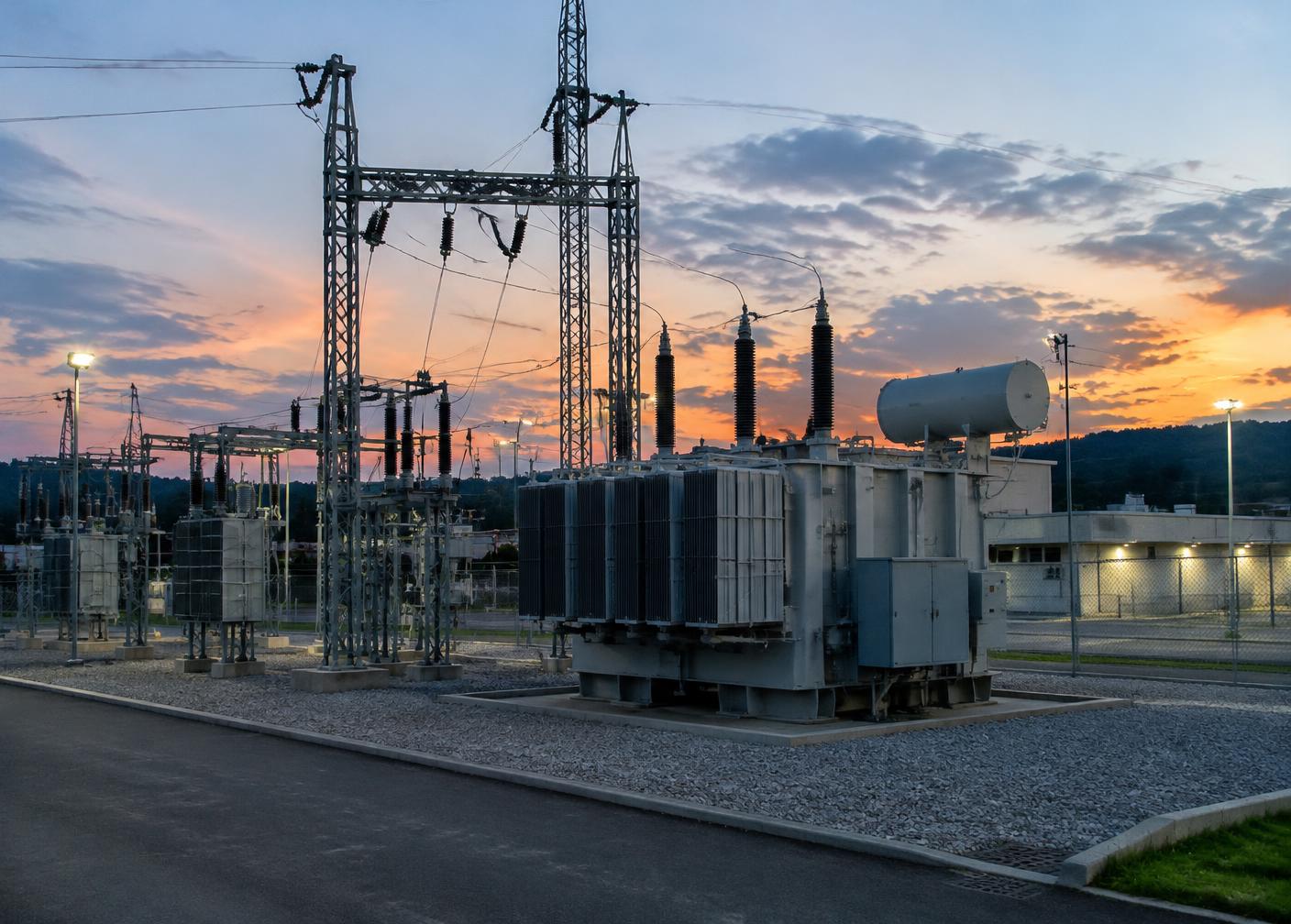 Electrical transformer yard at dusk (concept image)