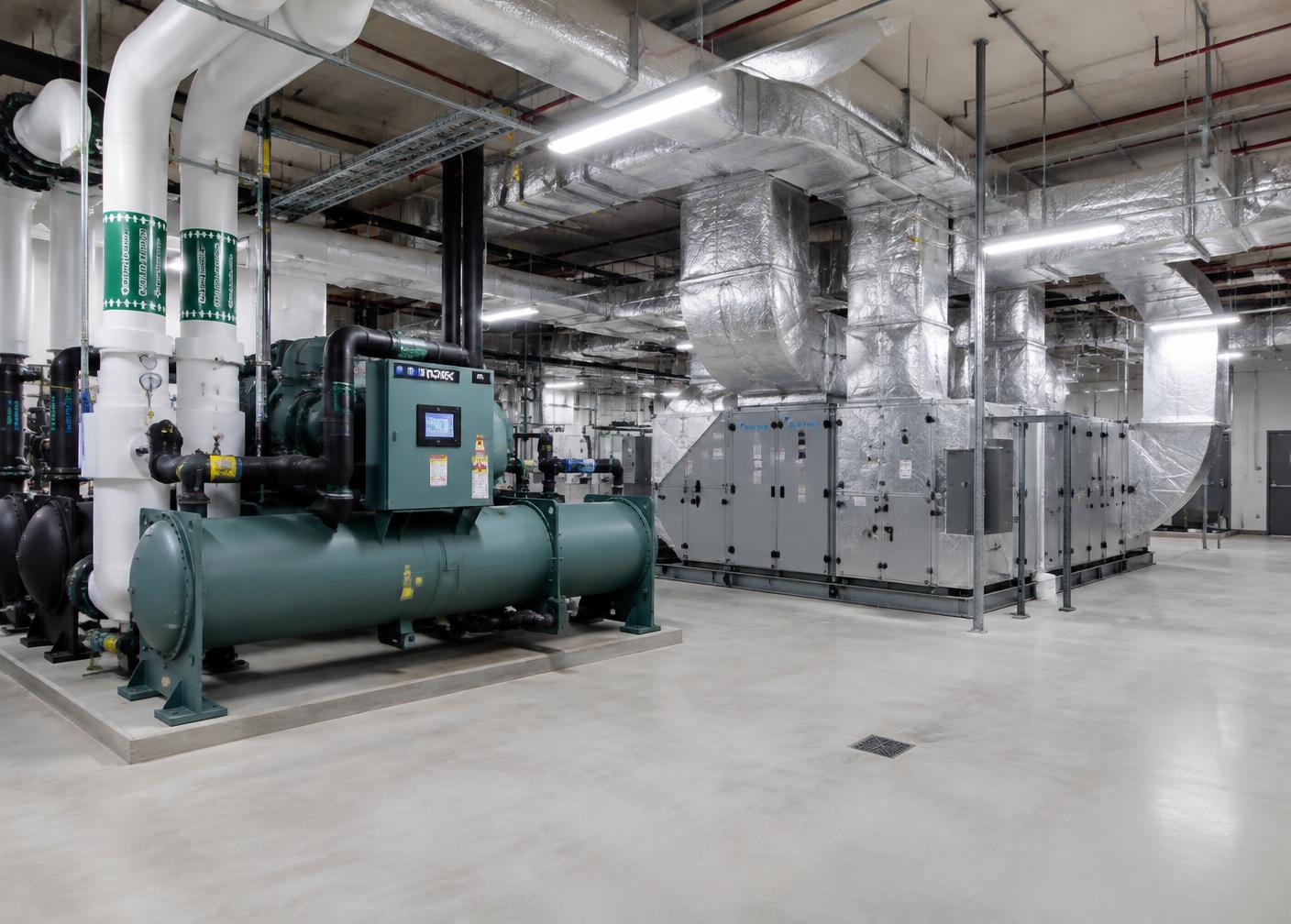 Modern chiller and air handling units in a mechanical room (concept image)