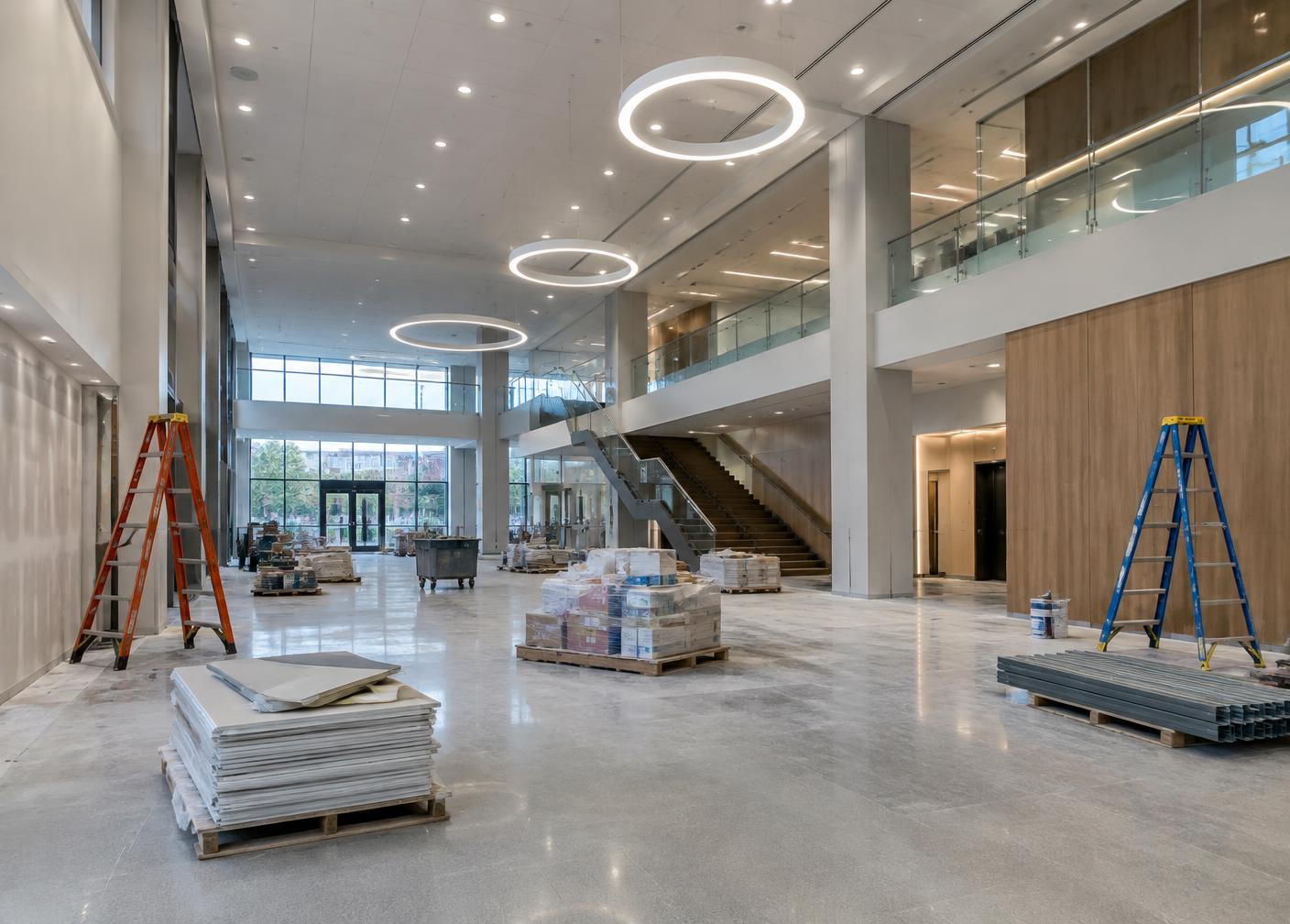 Office building lobby during interior renovation (concept image)