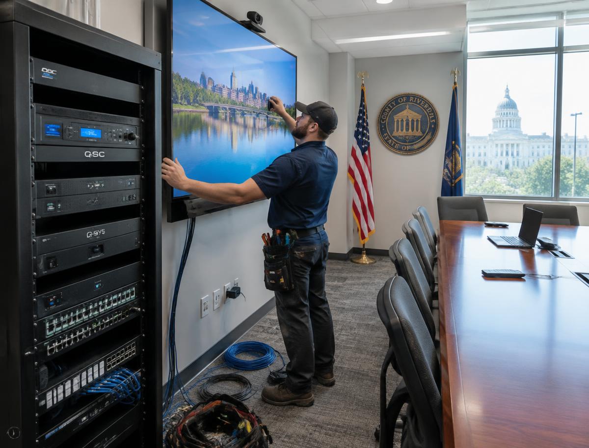 Technician installing a display and audio/video equipment in a conference room