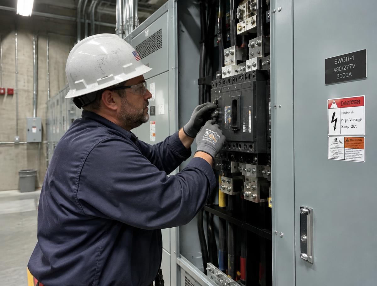 Electrician servicing commercial electrical switchgear in a facility