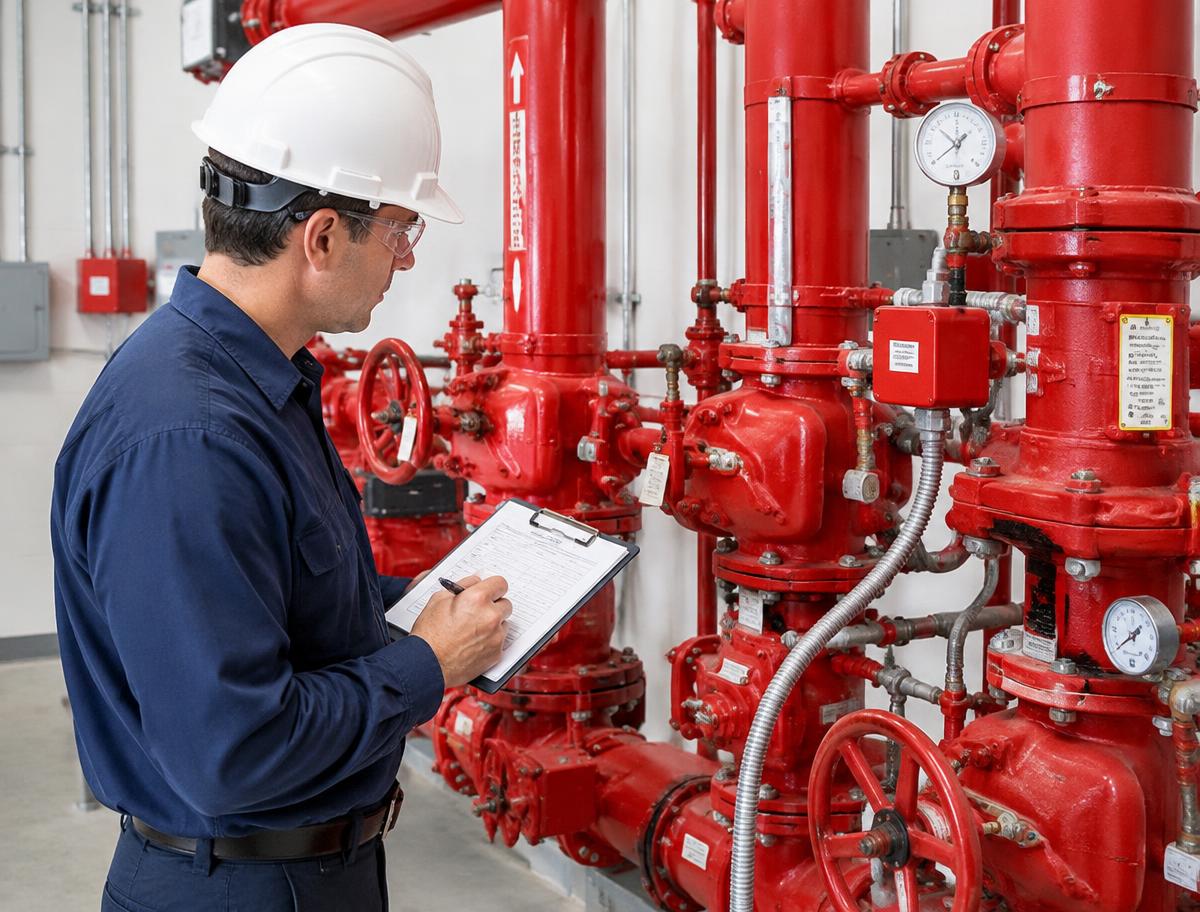 Technician inspecting fire sprinkler riser valves