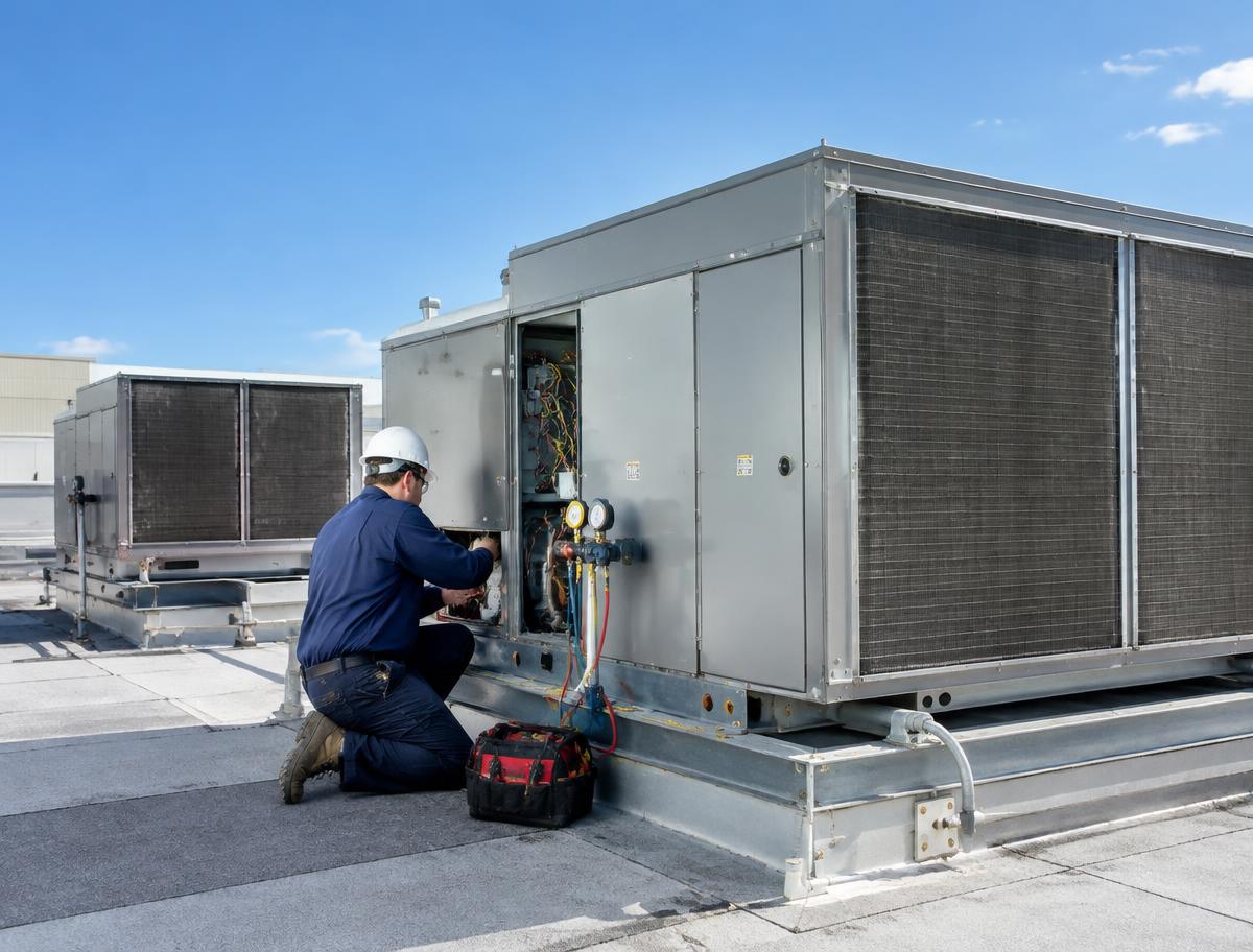 Technician servicing rooftop commercial HVAC units