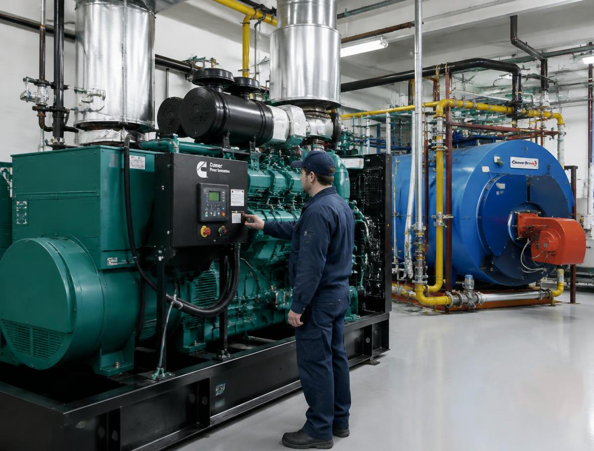Technician checking a standby generator control panel beside a boiler