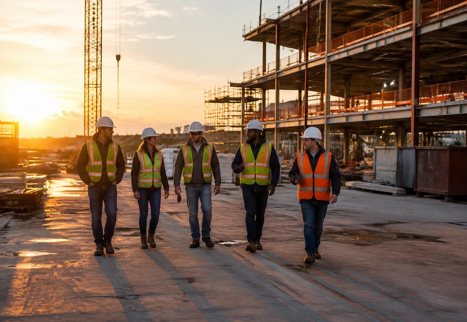 Construction team walking across a commercial building site at sunset